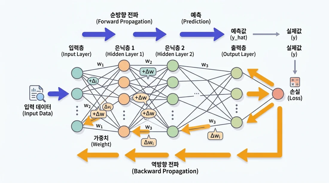 신경망의 학습 — 순전파로 예측하고 손실을 역전파(backpropagation)해 가중치를 조정한다