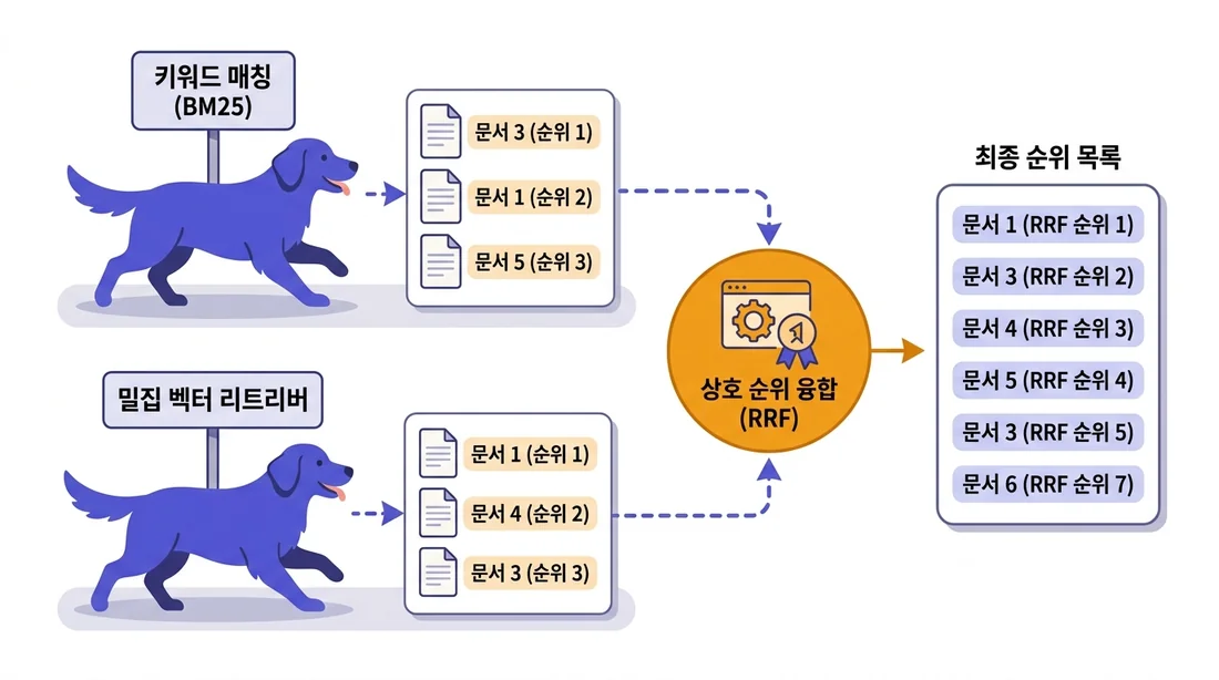 하이브리드 검색 — 키워드(BM25)와 밀집 벡터 검색 결과를 상호 순위 융합(RRF)으로 합친다