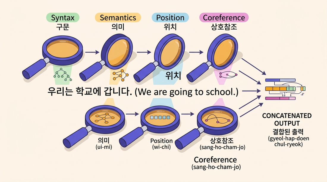 멀티헤드 어텐션 — 여러 개의 '돋보기'가 구문·의미·위치·상호참조를 동시에 살핀 뒤 하나로 결합한다