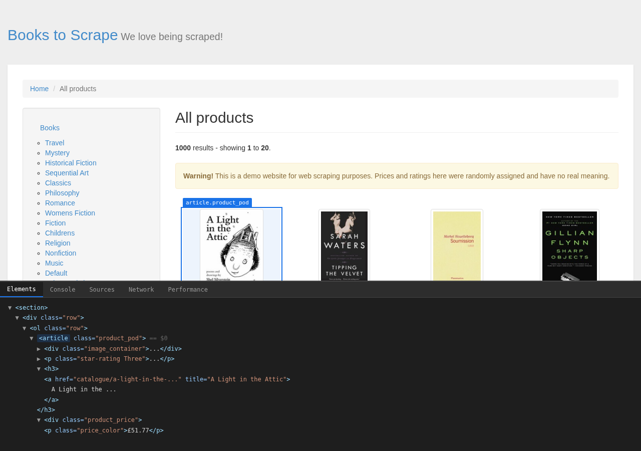 books.toscrape DevTools