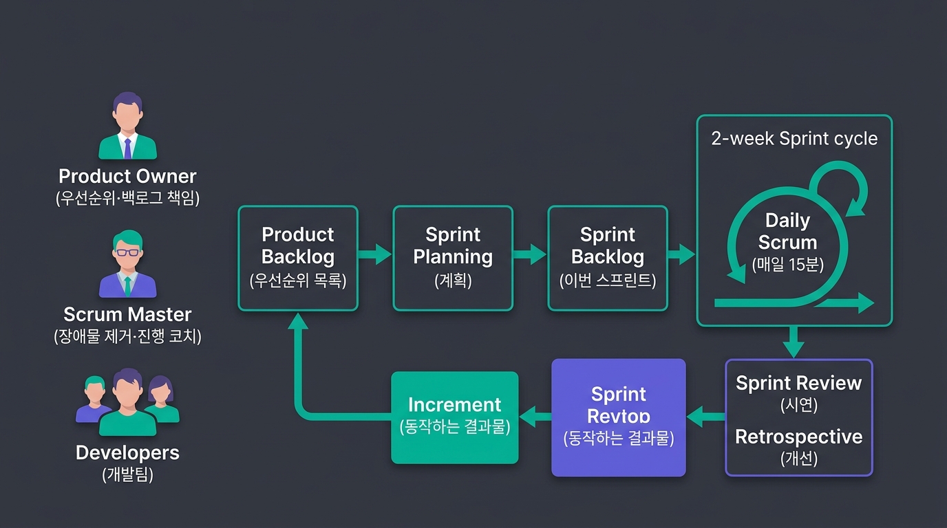 🎨 A detailed Scrum process diagram. Left: three …
