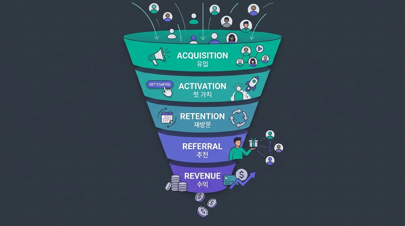 🎨 AARRR pirate-metrics funnel, five stacked decr…