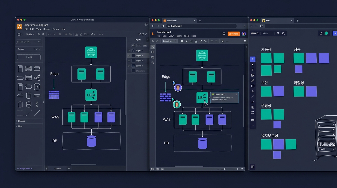 🎨 Editorial split-screen mockup of three diagram…