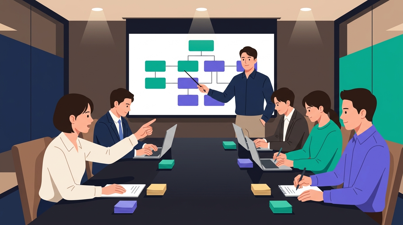 🎨 Editorial scene of a team review meeting — six…