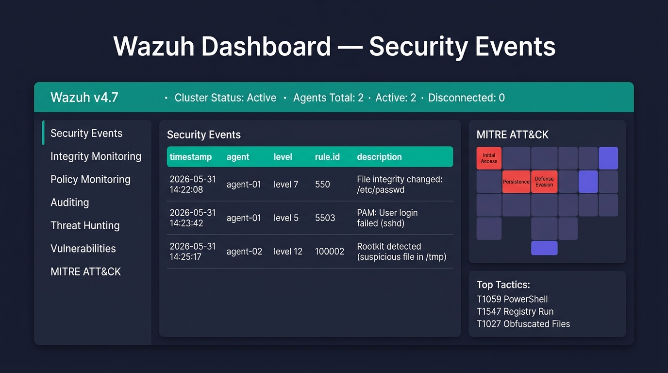 🎨 Editorial Wazuh dashboard mockup on dark navy …