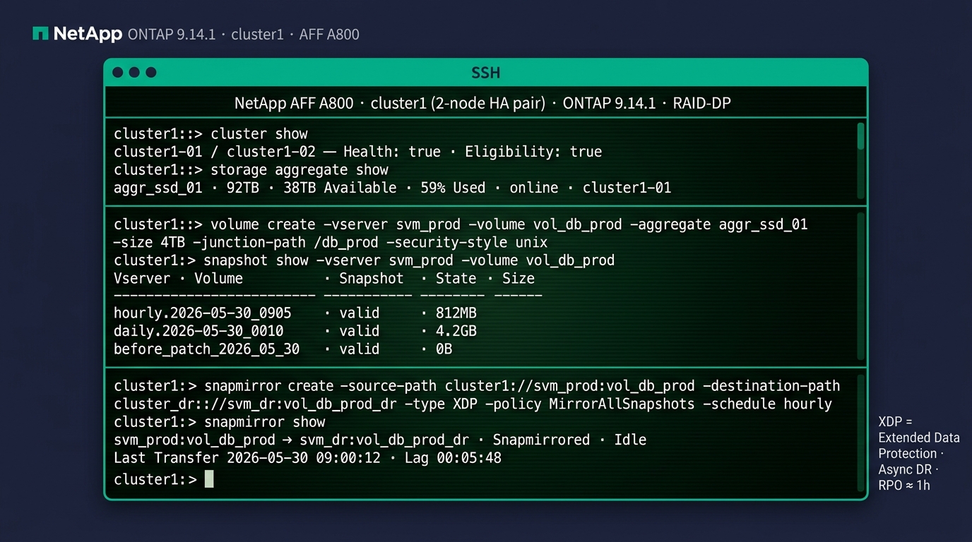 🎨 Editorial NetApp ONTAP 9.14 CLI mockup on dark…