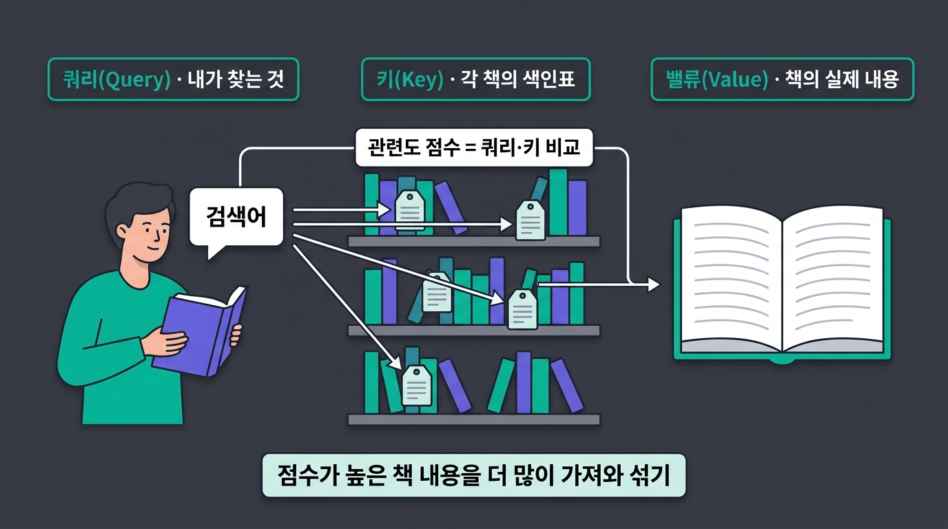Q·K·V 도서관 비유 — 쿼리(검색어)·키(색인표)·밸류(책 내용)