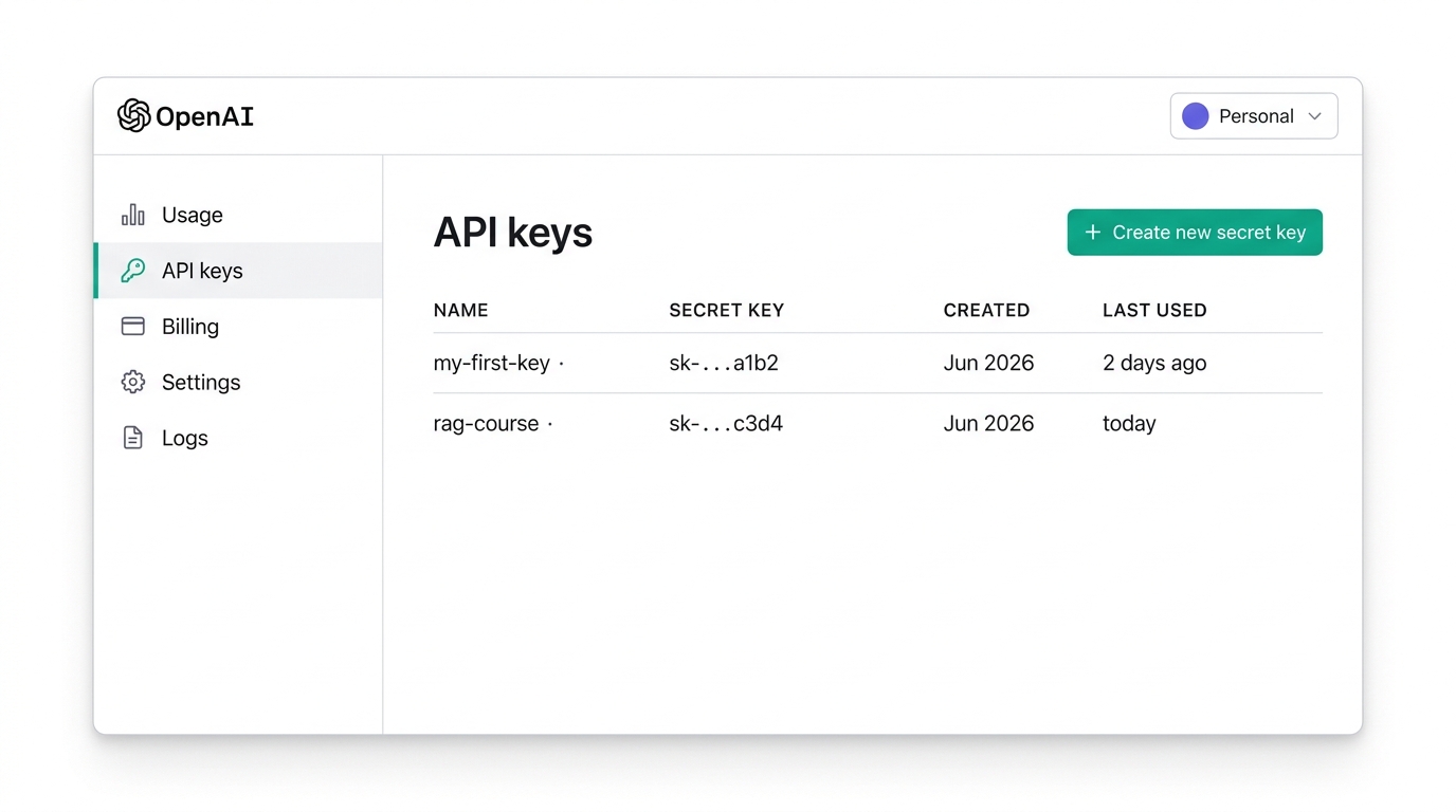 platform.openai.com 개발자 콘솔 — 사이드바(API keys·Usage·Billing·Settings·Logs)와 API keys 발급 화면