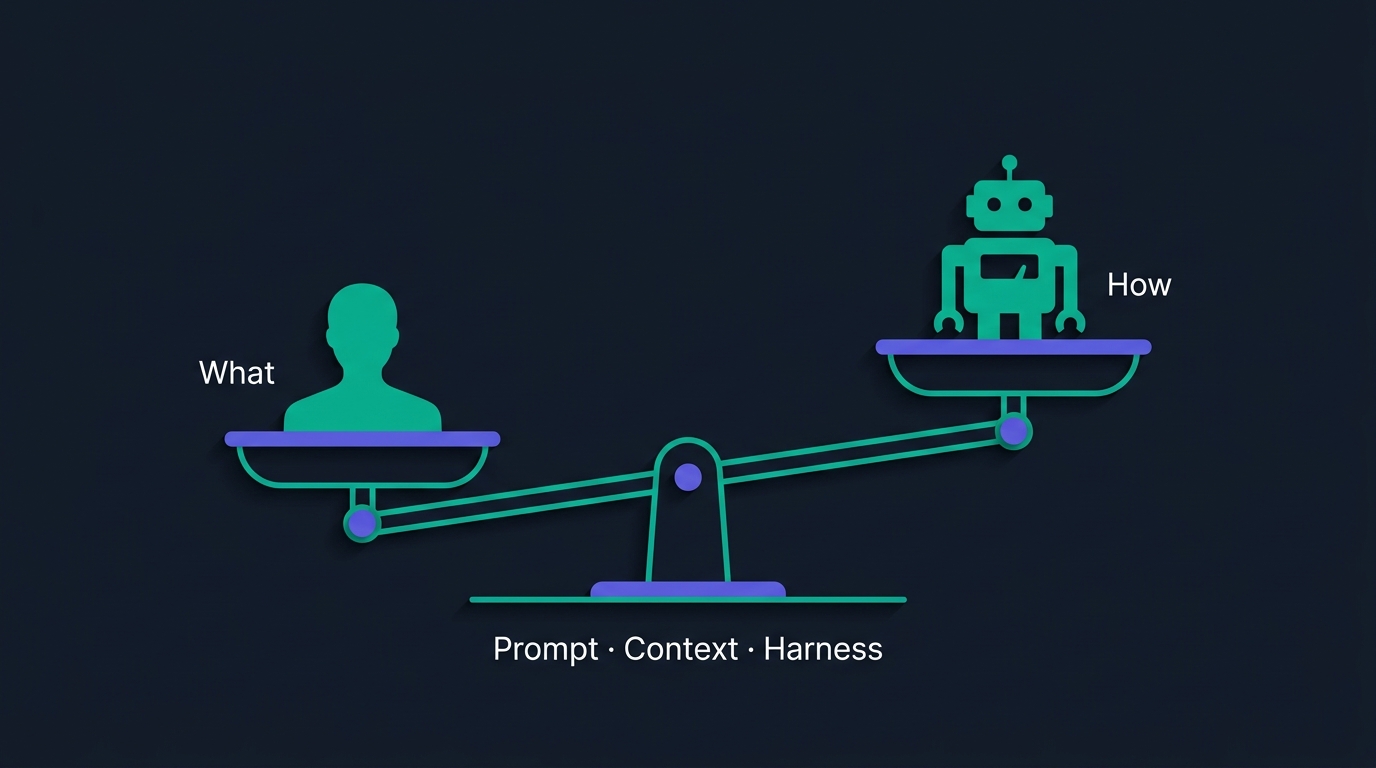 저울 은유 — 좌 What(human) · 우 How(robot) · 받침 Prompt·Context·Harness