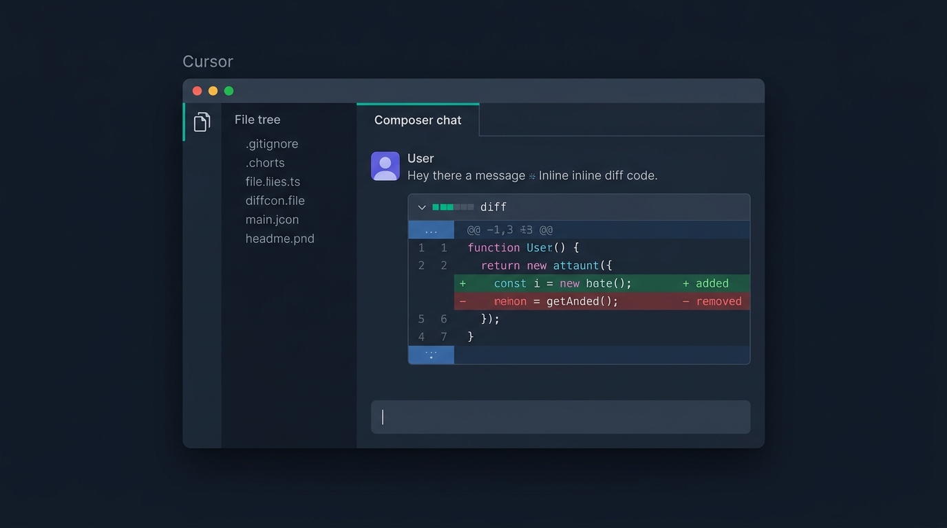 Cursor IDE 목업 — 파일 트리 · Composer 채팅 · 인라인 diff