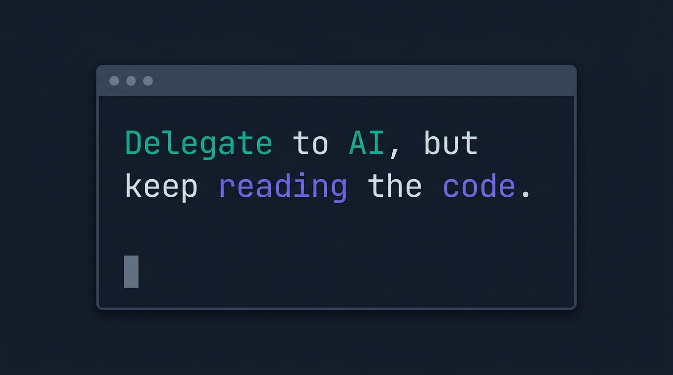 터미널 프롬프트 위 결론 한 줄 — Delegate to AI, but keep reading the code