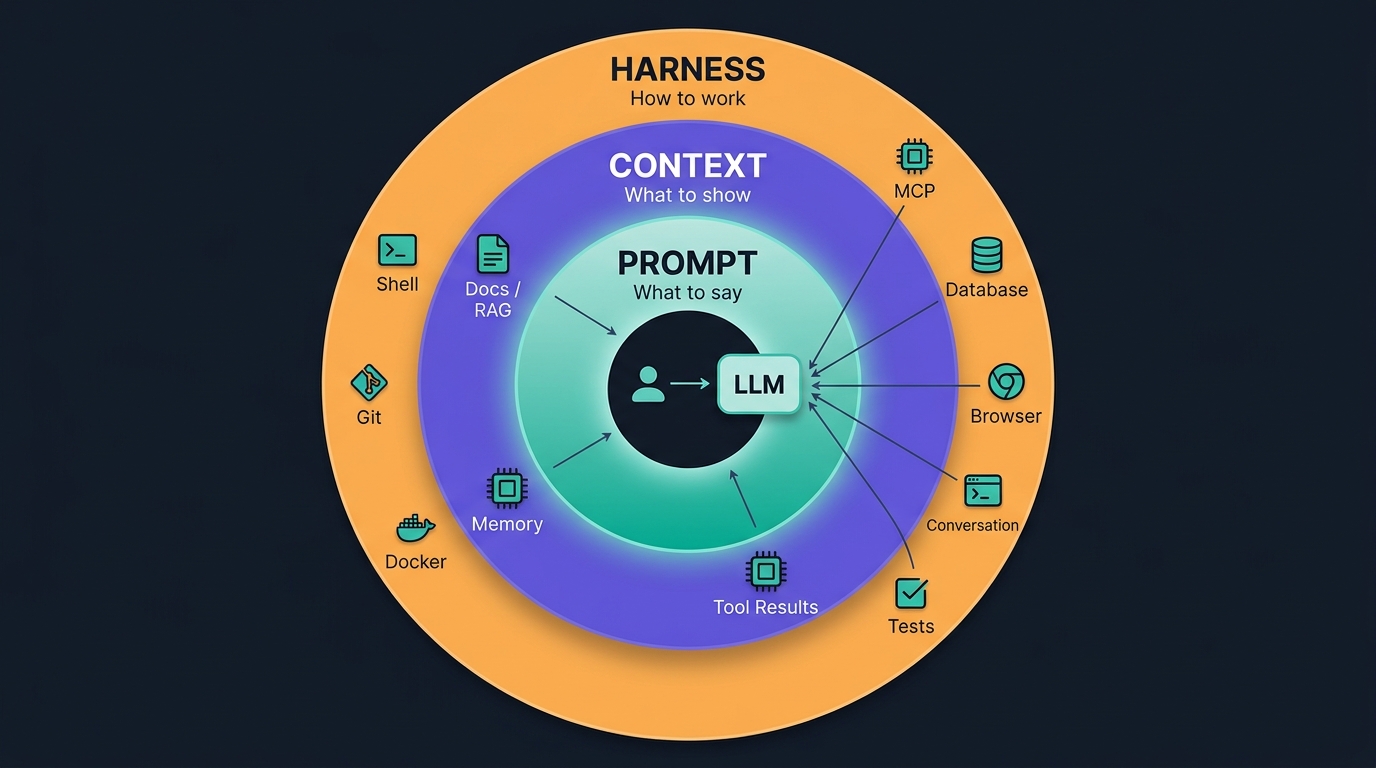 세 축의 포함 관계 — 안쪽 PROMPT, 이를 감싸는 CONTEXT, 전체를 감싸는 HARNESS