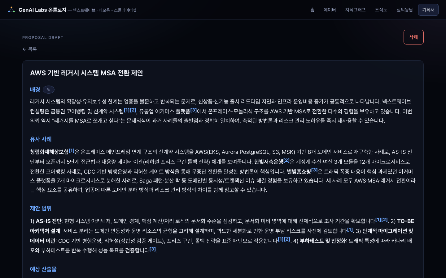 유사사례 기반 기획서 자동생성 화면 — 인용각주가 달린 제안서 초안